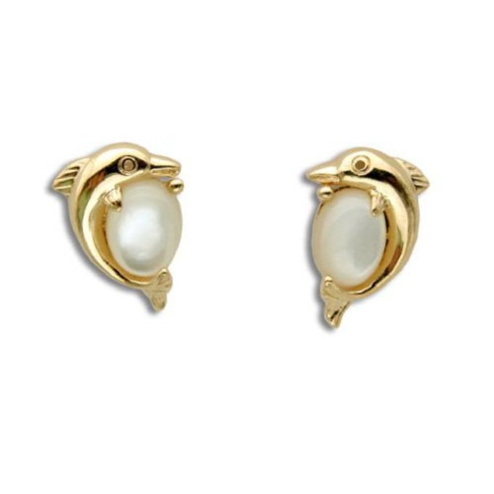 14KT Yellow Gold Dolphin with Mother of Pearl Shell Post Earrings